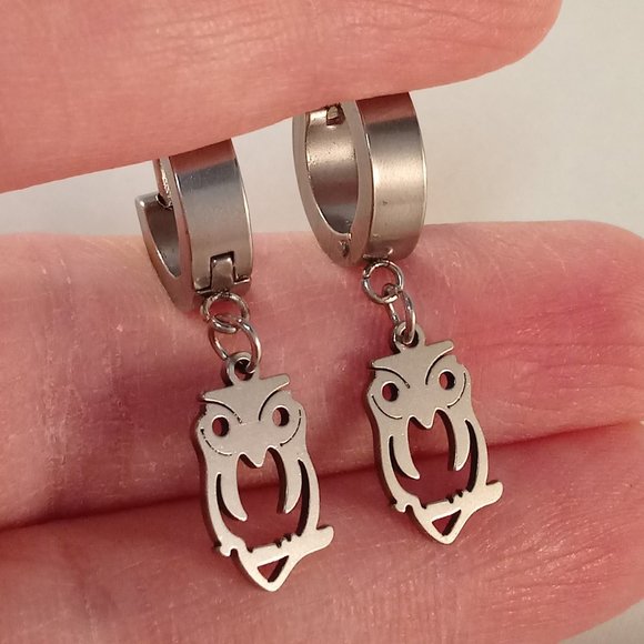 Mens Silver Stainless Steel Owl Smooth Hoop Drop Dangle Earrings Party Gift - Picture 1 of 4